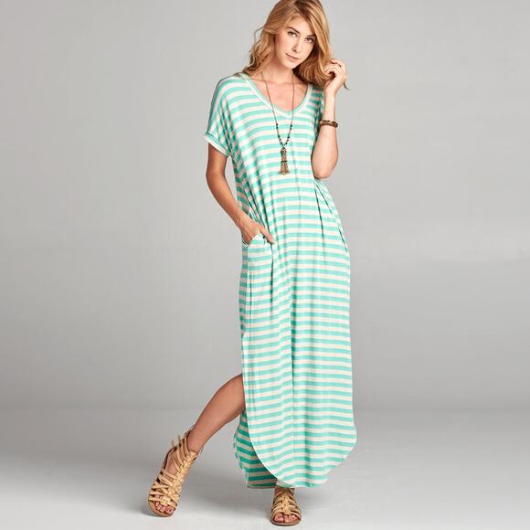 Love, Kuza Mint Oat Striped Maxi Dress Small - Picture 1 of 12
